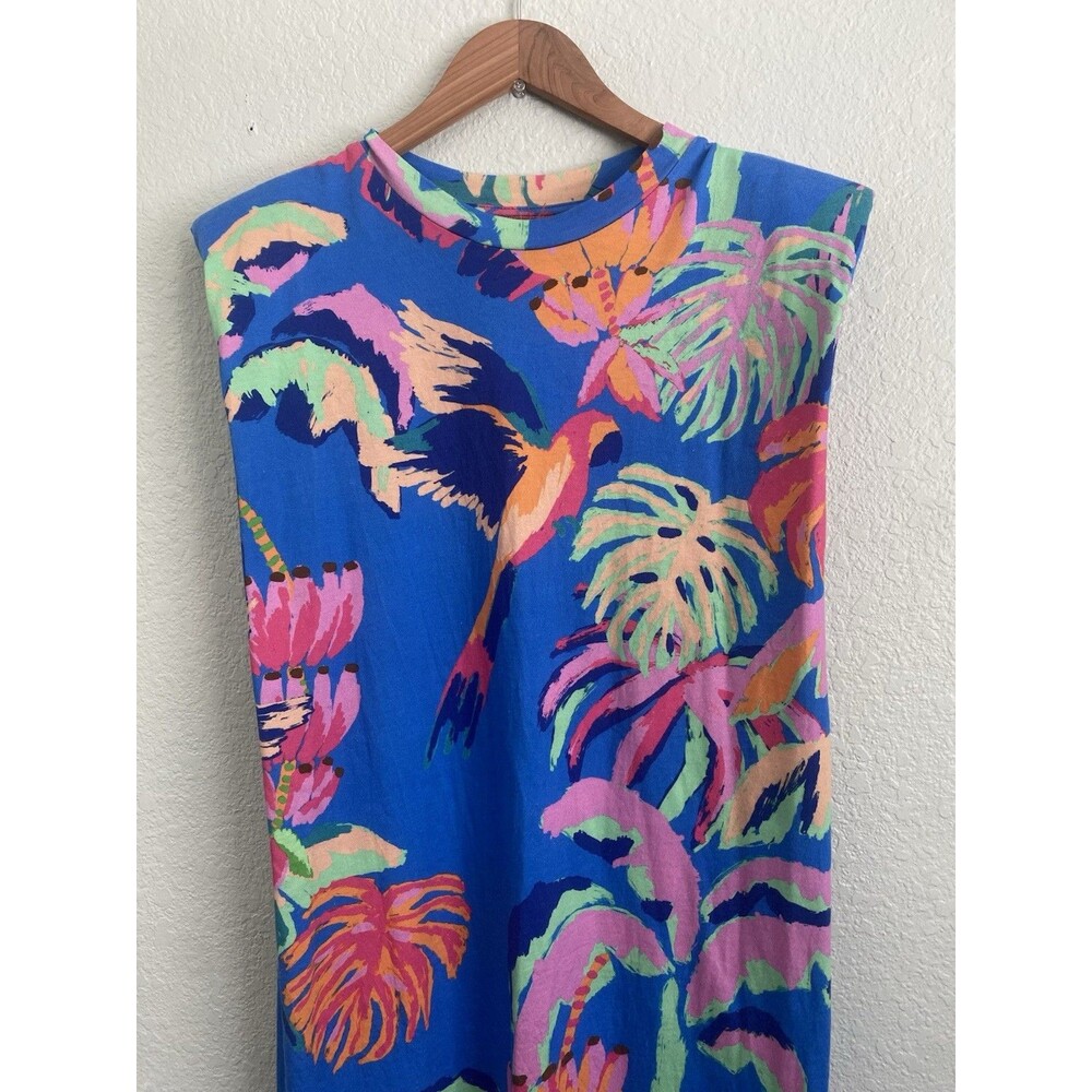 Farm Rio Made of Brasil Orange Parrot Graphic Padded Shoulder T-Shirt Dress S - Picture 4 of 15